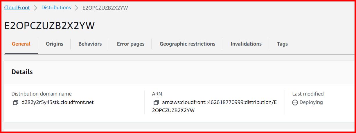 Picture showing the new distribution created in AWS